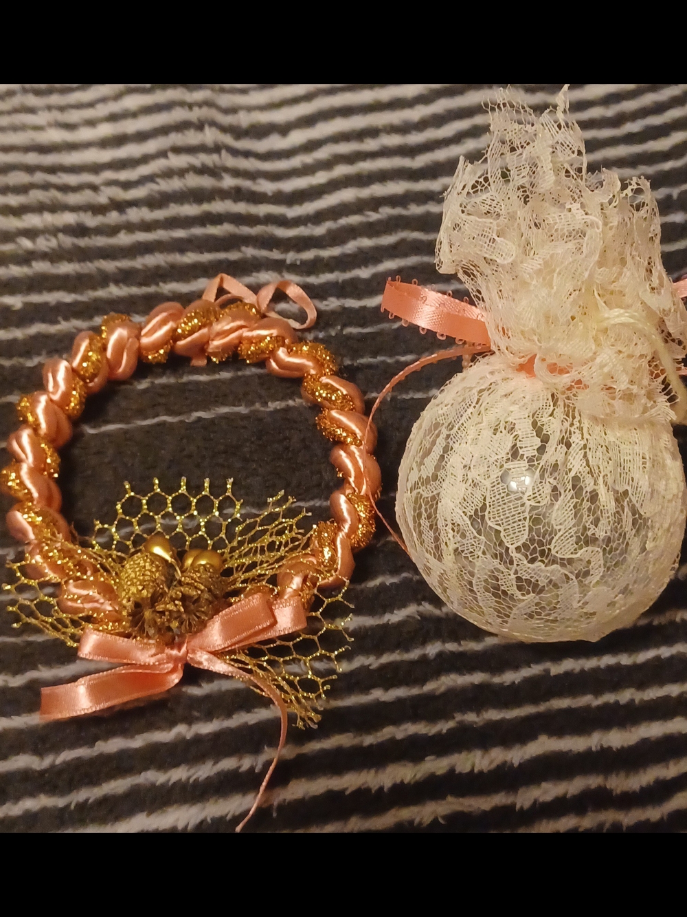 Elegant Pink Satin and Gold Decorative Lace Ornaments